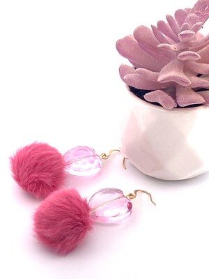 Large Pink Valentine s Day Pom Pom Earrings Heart Jewelry Fun